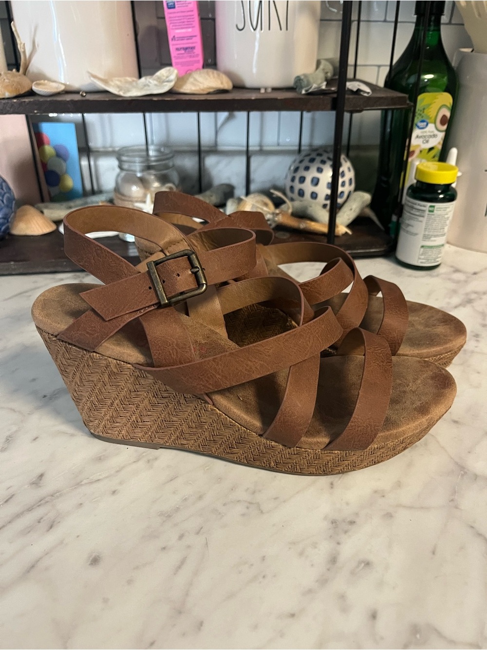 Jellypop Brown Strappy Wedge Sandals with Buckle size 9
